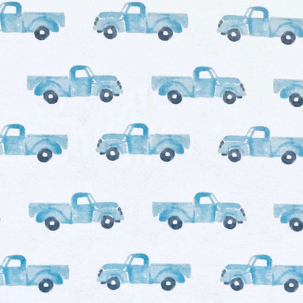 Blue Trucks on White Flannel Fabric By The Yard 100% Cotton cars light blue gray watercolor baby infant boys 3.25” truck large print