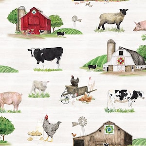 Spring Barns on White Fabric by the Yard 100% Cotton  “Spring Barn Quilts” by Tara Reed for Riley Blake quilt farm animals farmland country