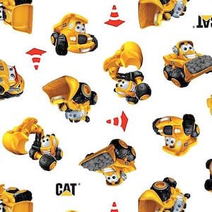 CAT Buildin’ Crew Scattered Construction Trucks on White Fabric By The Yard 100% Cotton by Riley Blake Dump Excavator Bulldozer