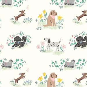 Dogs on Cream Fabric By The Yard 100% Cotton puppy dogs “Chloe” by Riley Blake cute dog breeds playful pups dalmation dachshund retriever