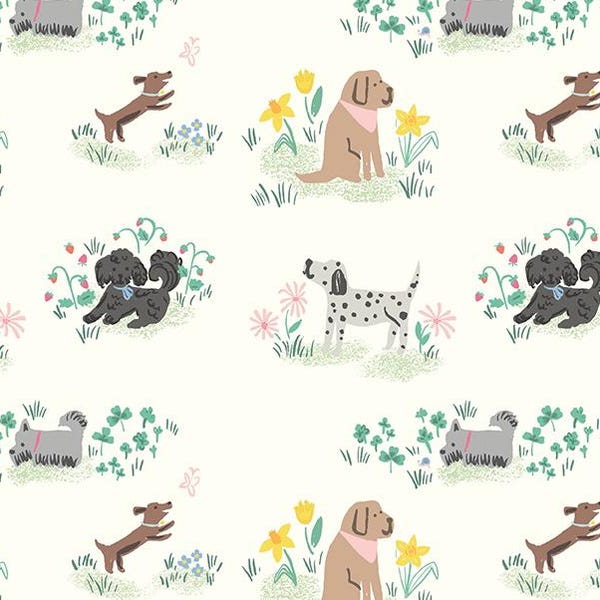 Dogs on Cream Fabric By The Yard 100% Cotton puppy dogs “Chloe” by Riley Blake cute dog breeds playful pups dalmation dachshund retriever