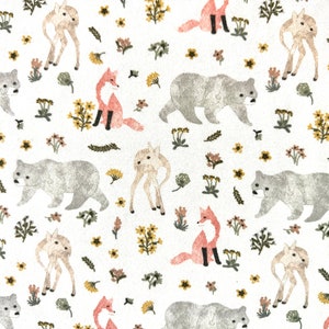 Watercolor Woodland Flannel Fabric By The Yard 100% Cotton by Itty Bitty Jack for Springs Creative Forest Animals deer bears foxes flowers