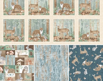 Jaded Forest Fabric Collection By The Yard 100% Premium Cotton by Blank Quilting rabbits owls deer foxes mushrooms panel coordinating prints