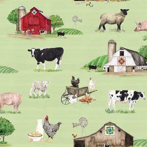 Green Spring Barns Fabric by the Yard 100% Cotton  “Spring Barn Quilts” by Tara Reed for Riley Blake quilt farm animals farmland country