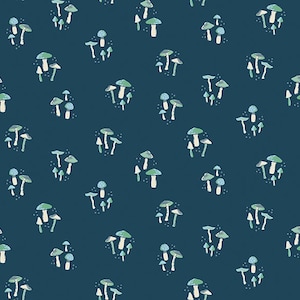 May include: A seamless pattern featuring a repeating design of blue and green mushrooms on a dark blue background.