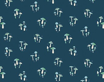 Wildwood Wander Mushrooms on Navy Fabric By The Yard or Half Yards 100% Premium Cotton Tiny Toadstools nature garden by Riley Blake