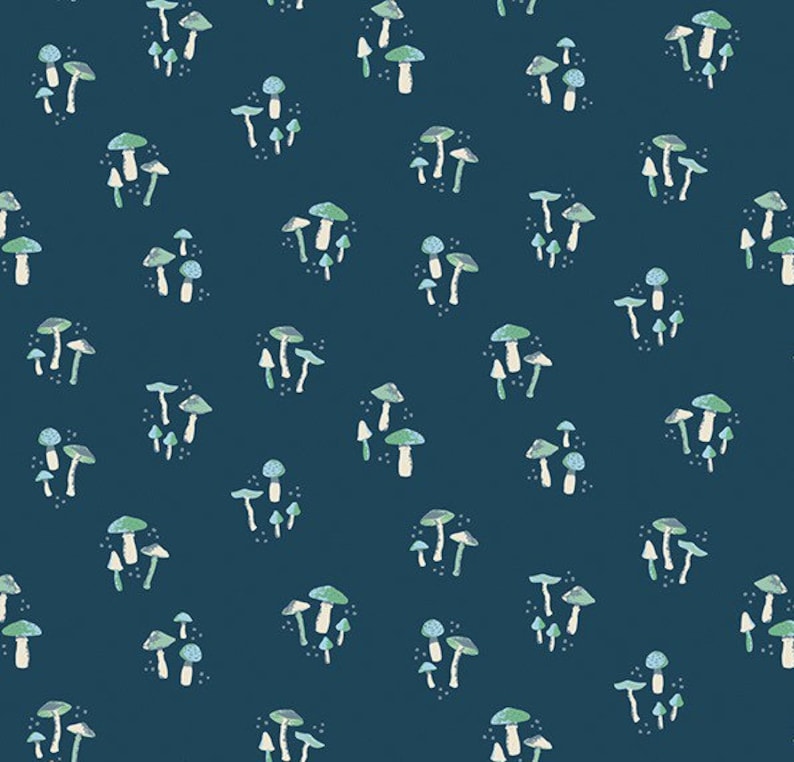 May include: A seamless pattern featuring a repeating design of blue and green mushrooms on a dark blue background.