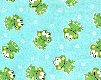 Little Green Frogs Flannel Fabric By The Yard or Half yards Cotton Children’s print small frog by A. E. Nathan blue aqua animal baby infant