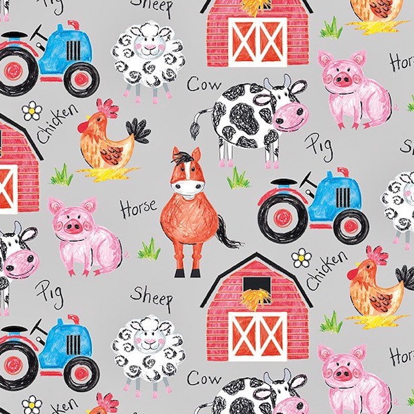Coloring on the Farm by Riley Blake Fabric by The Yard 100% Premium Cotton tractor animals chickens cows horses pigs sheep cute animal barn