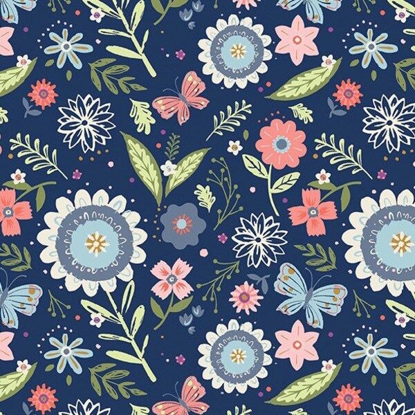 Butterfly Blossom Navy Floral Fabric By The Yard 100% Premium Cotton Buds Floral Flowers by Riley Blake Butterflies Leaves Spring Summer