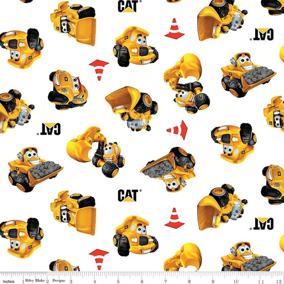 CAT Buildin' Crew Scattered Construction Trucks on White Fabric by - Main Image