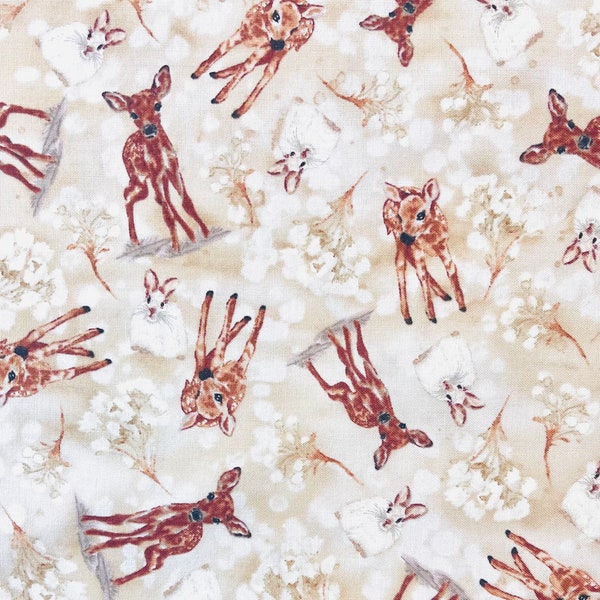 Baby Deer & Bunnies Fabric By The Yard or Half Yards 100% Premium Cotton “Little Ones” by Henry Glass toss Easter animals blossoms floral