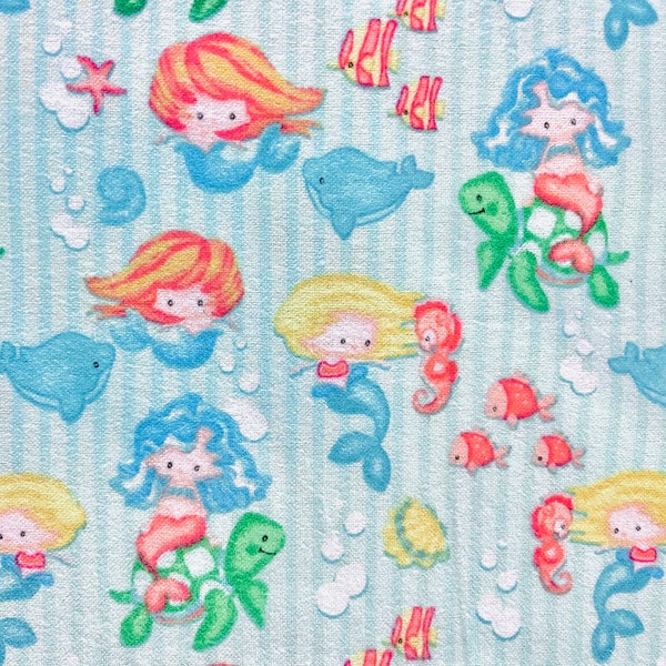 Under The Sea Mermaids Flannel Fabric By The Yard 100% Cotton by Fabric Editions little mermaid fish water ocean dolphins turtles