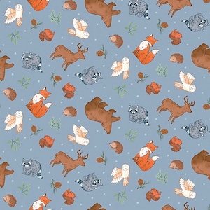 Camp Woodland Animals Flannel Fabric By The Yard 100% Cotton Blue Forest Friends Camping bear deer fox owls hedgehogs by Riley Blake