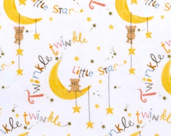 Twinkle Twinkle Little Star Flannel Fabric By The Yard 100% Cotton by A.E. Nathan yellow stars teddy bears moon double-brushed infant baby