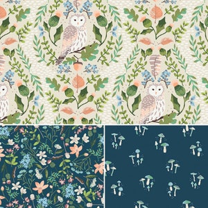 May include: A seamless pattern featuring a white owl with brown and pink markings, surrounded by green leaves, blue flowers, and brown acorns on a cream background. The pattern is repeated throughout the image. The bottom half of the image features two different seamless patterns: a blue background with white mushrooms and a green background with pink, white, and blue flowers.