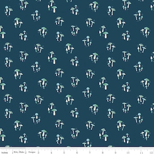 May include: A seamless pattern featuring a repeating design of blue and green mushrooms on a dark blue background.