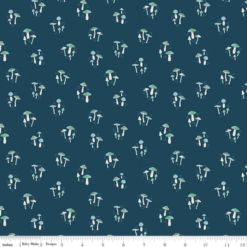 May include: A seamless pattern featuring a repeating design of blue and green mushrooms on a dark blue background.