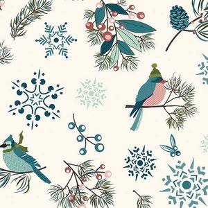 Winter Birds & Branches Fabric By the Yard ”Arrival of Winter” by Riley Blake Christmas holidays bluebirds cardinals snowflakes berries