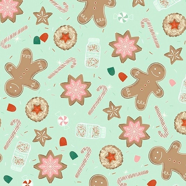 Holiday Cheer Gingerbread Cookies Fabric By the Yard 100% Cotton by Riley Blake Christmas holidays cooking baking candy treats
