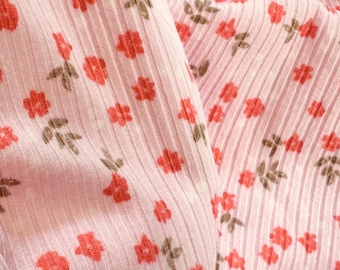 Tiny Orange Floral on Pink Rib Knit Fabric by the Yard 52” Wide Stretch Ribbed small flowers t-shirts leggings lightweight jersey