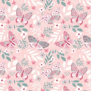 May include: A repeating pattern of butterflies, flowers, and leaves in shades of pink, white, and teal. The butterflies have pink and white wings with teal accents. The flowers are small and white, and the leaves are teal and white.