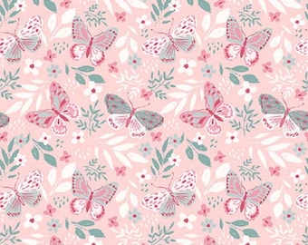 Preciosa tela para lazos cortada a medida 100% algodón premium de Studio E estampado naturaleza rosa crema pequeño estampado mariposas verdes hojas de primavera