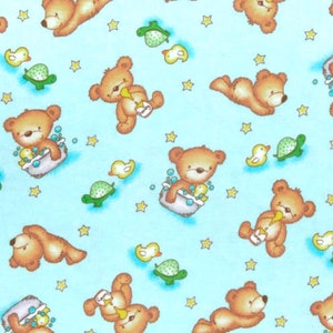 May include: Light blue fabric with a repeating pattern of brown teddy bears, yellow ducks, green turtles, and gold stars. Some bears are in a bathtub, others are drinking from a bottle. A cute and whimsical design for baby items.