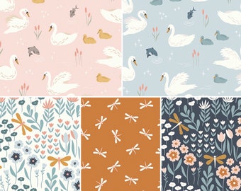 Little Swan Fabric Collection by Little Forest Atelier for Riley Blake Fabric By The Yard 100% Premium Cotton swans floral dragonflies