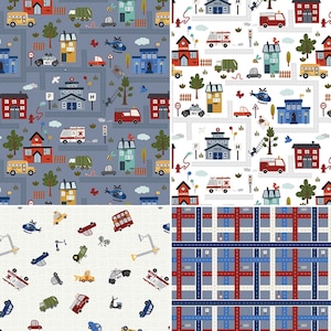 May include: A digital paper pack with four different patterns featuring a city theme. The patterns include a blue and white grid, a white background with red, blue, and yellow vehicles, and two patterns with a blue background and red, yellow, and blue vehicles.