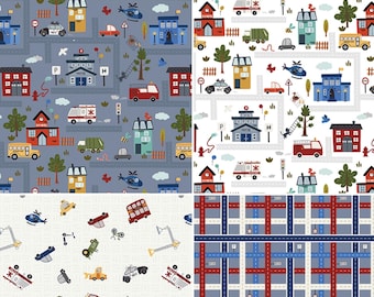 Cars and Trucks Fabric Collection By The Yard 100% Cotton “It Takes a Village” by Riley Blake vehicles truck neighborhood streets road map
