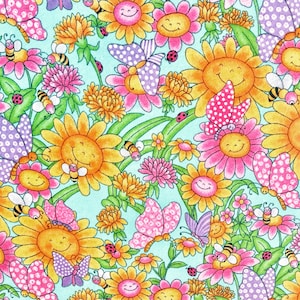 Bright Flowers Bees & Bugs Flannel Fabric By The Yard 100% premium cotton Double Napped Flowers green leaves by Fabric Editions