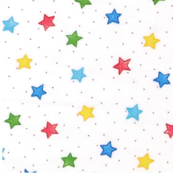 Bright Stars on White Flannel Fabric By The Yard  100% Cotton Star small tiny scattered by A.E. Nathan primary colors red yellow blue green