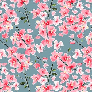 Mon Cheri Cherry Blossoms Branches Fabric By The Yard 100% Premium Cotton Buds Floral Flowers Lake Blue By Lila Tueller for Riley Blake