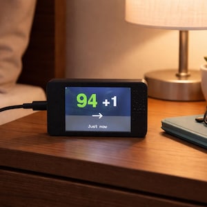 May include: A black digital device displaying the numbers "94 +1" in green, with an arrow and the words "Just now" on the screen. The device is on a wooden nightstand next to a lamp, a succulent, and a pair of glasses.