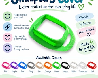 Op de afbeelding: Een felgroene beschermhoes voor een Omnipod 5 apparaat. De afbeelding bevat tekst zoals Omnipod 5 Cover, Extra protection for everyday life, en somt beschikbare kleuren op, waaronder roze, paars, blauw, grijs, beige, oranje, groen, zwart, wit, doorschijnend en rood.