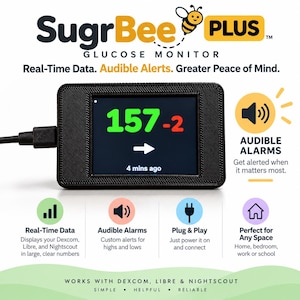 May include: A black SugrBee PLUS glucose monitor with a rectangular screen displaying the number 157 in green and -2 in red. The device features a black power cable, a bee logo, and text highlighting real-time data, audible alarms, and plug-and-play functionality for Dexcom, Libre, and Nightscout systems.