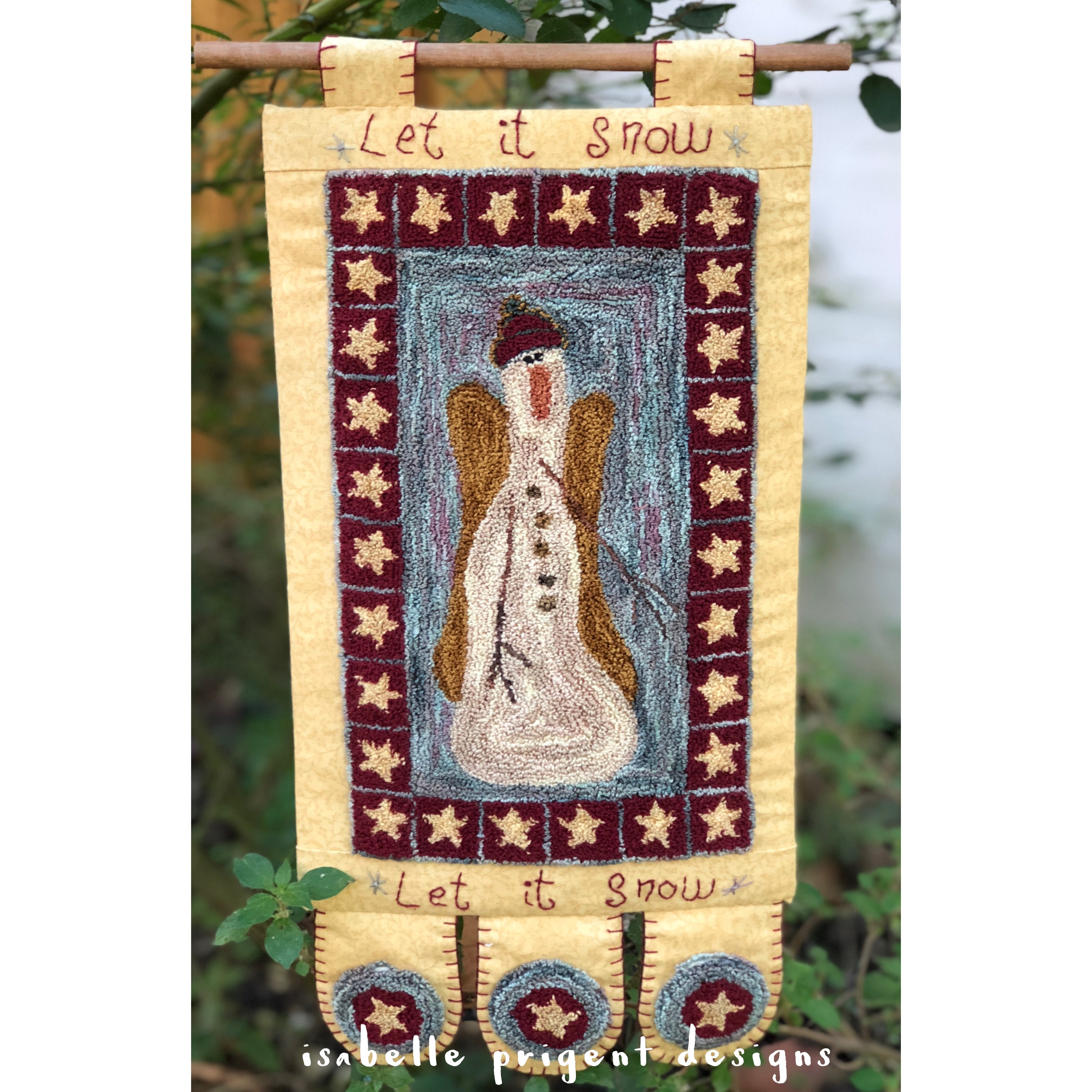 Bannière Let It Snow , Bonhomme de Neige en Broderie Punchneedle, Fait Mains 20 X 30 cm