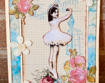 Postcard vintage style, retro dancer image, handmade 3D of 13.5x18 cm