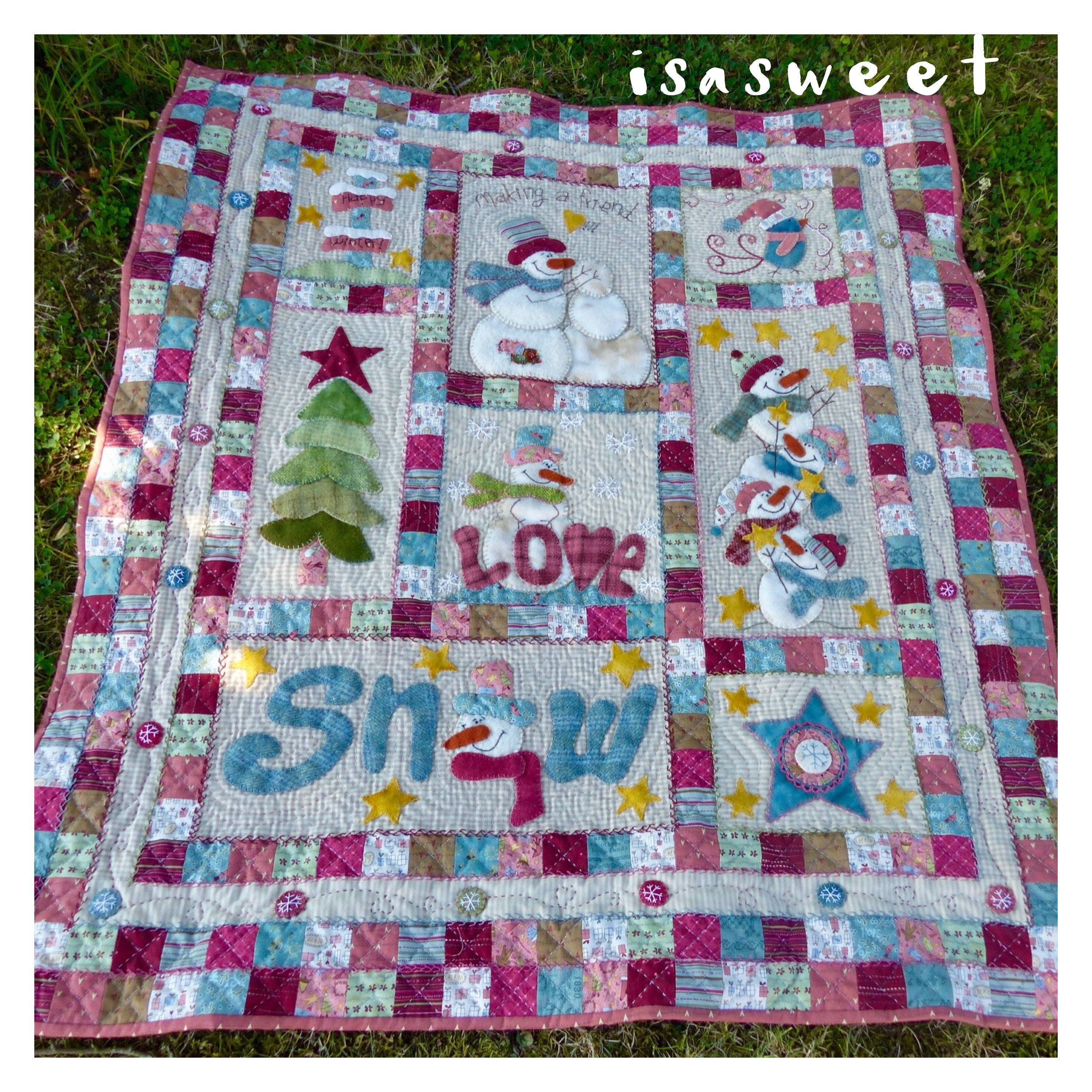 Quilt Snowmen's Story Création Unique Fait Mains de 100 X 108 cm