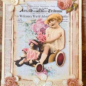 Carte postale style vintage,image fillette rétro,3D fait mains de 13x17cm