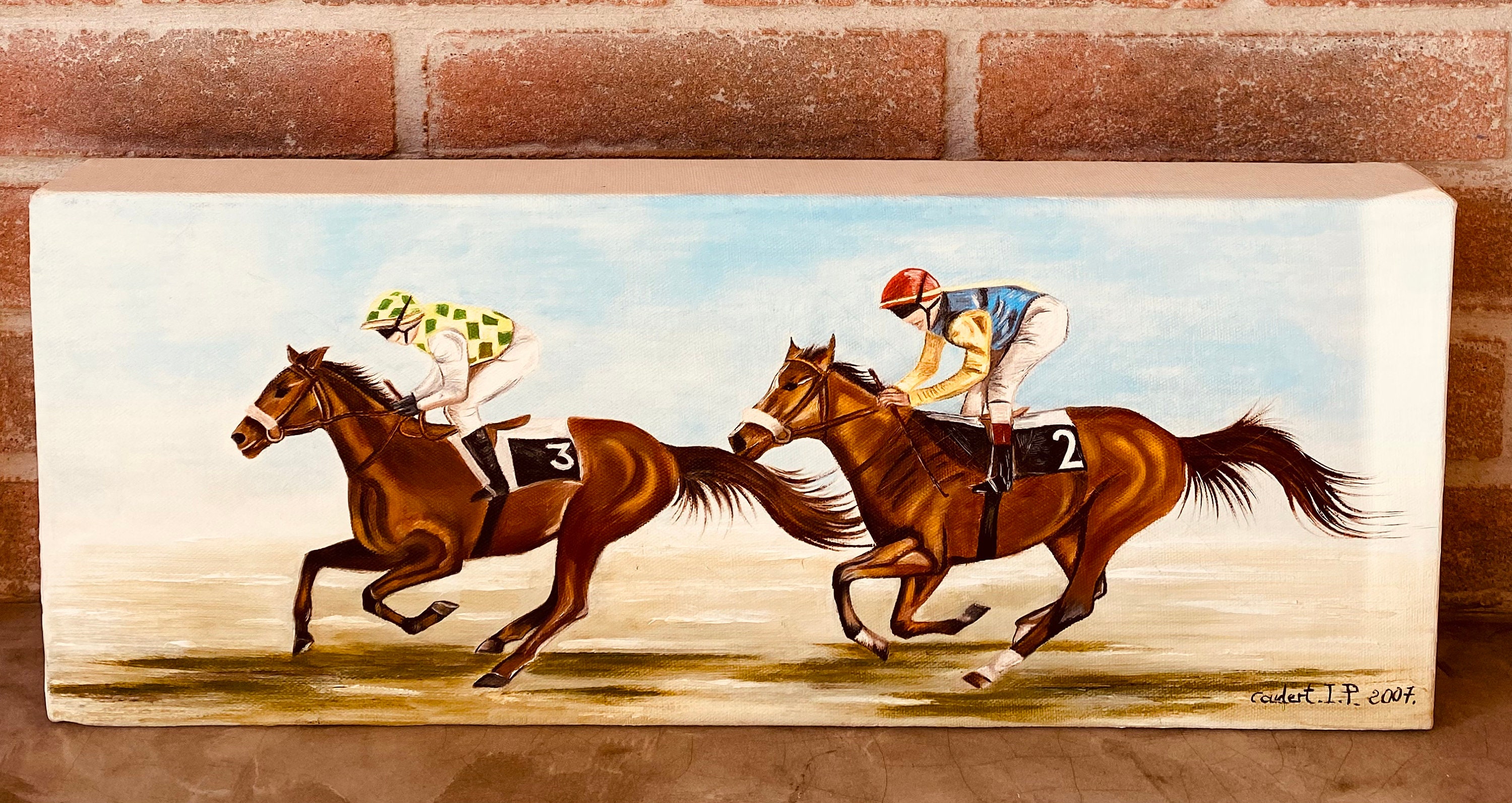 Tableau 'La Course De Chevaux' – Huile Sur Toile Monogrammée FP – 73x60 Cm – Style Abstrait