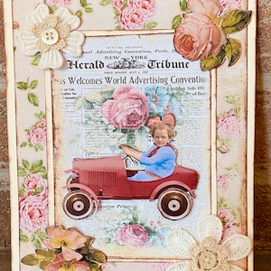 Carte postale style vintage,image fillette rétro,en 3D fait mains de 14,5x18cm