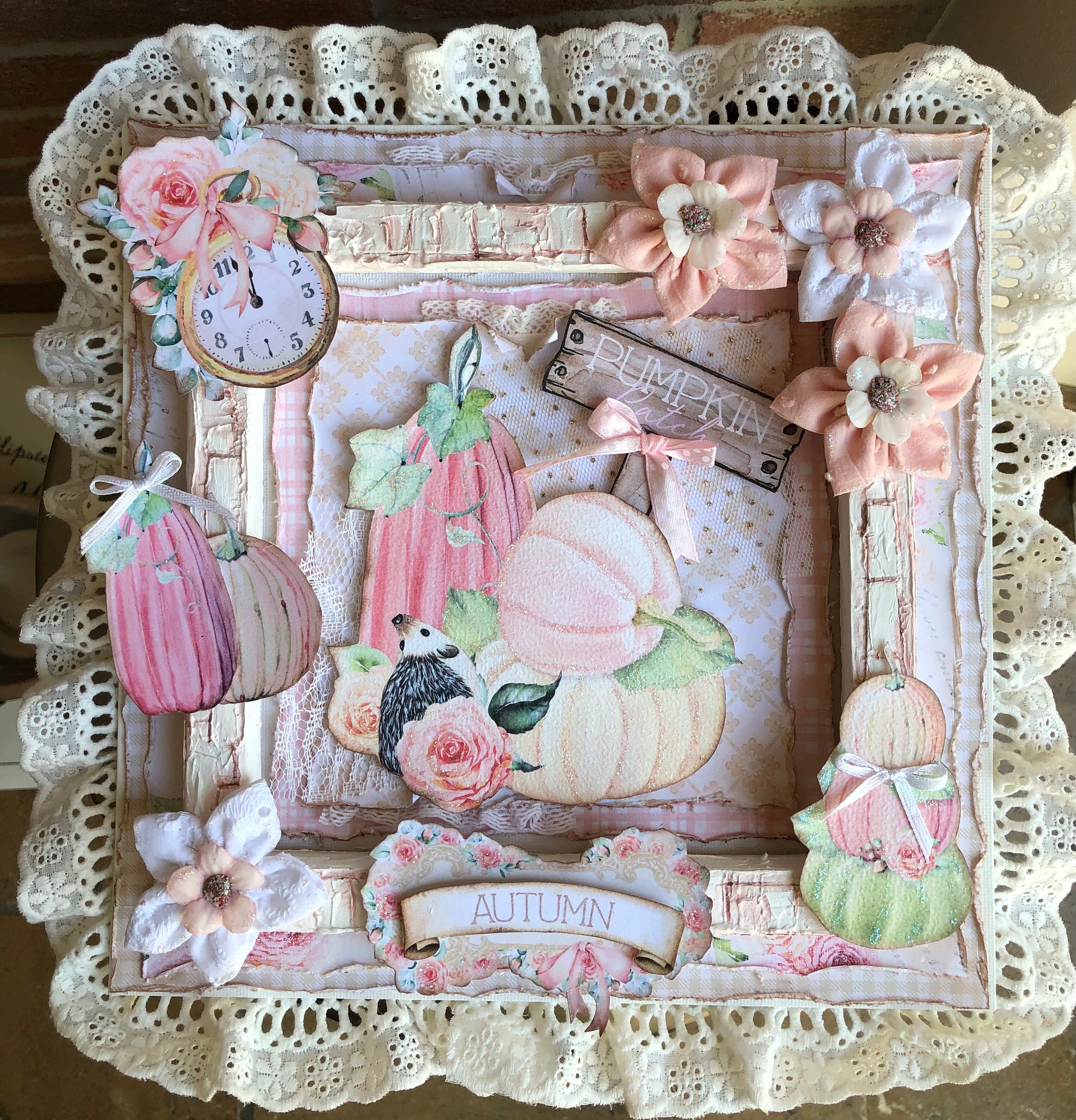 Tableau Mix Médias en 3D , Thème Citrouilles, Style Romantique Shabby, Fait Mains de 31x31 cm