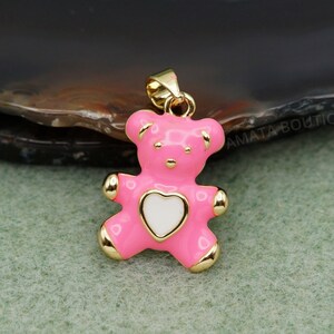 Pink Enamel Gold Teddy Bear Charm, 15x20mm