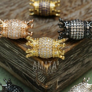 CZ Micro Pave Crowns Spacer Bead, Gold/Silver/Rose Gold/Black, Cubic Zirconia Pave Bilateral Crown Bead, 10x19mm