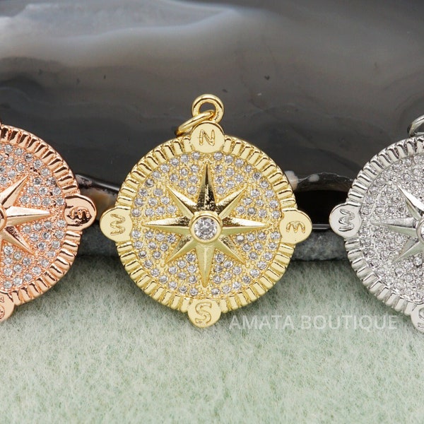 CZ Pave Compass Pendant, Gold/Silver/Rose gold, Cubic Zirconia Pave Compass Charm, 22mm