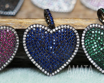 CZ Heart Micro Pave Charm, Pink/Green/Blue/Black, Cubic Zirconia Pave Heart Pendant with Clear CZ, 24mm