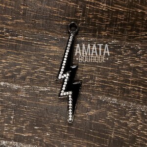 CZ Lightning Bolt Charm Black Enamel Micro Pave, Cubic Zirconia Thunder Bolt Pendant