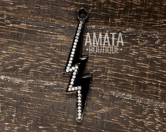 CZ Lightning Bolt Charm Black Enamel Micro Pave, Cubic Zirconia Thunder Bolt Pendant